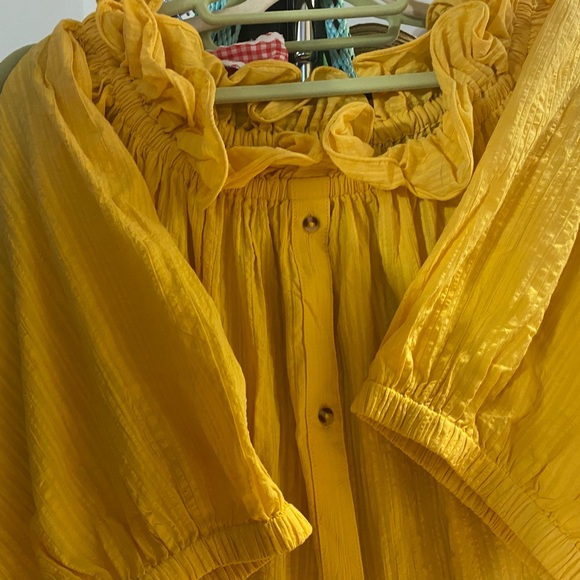 Anthropologie yellow gold off the shoulder, flowy free, button front dress 3X - Picture 3 of 6